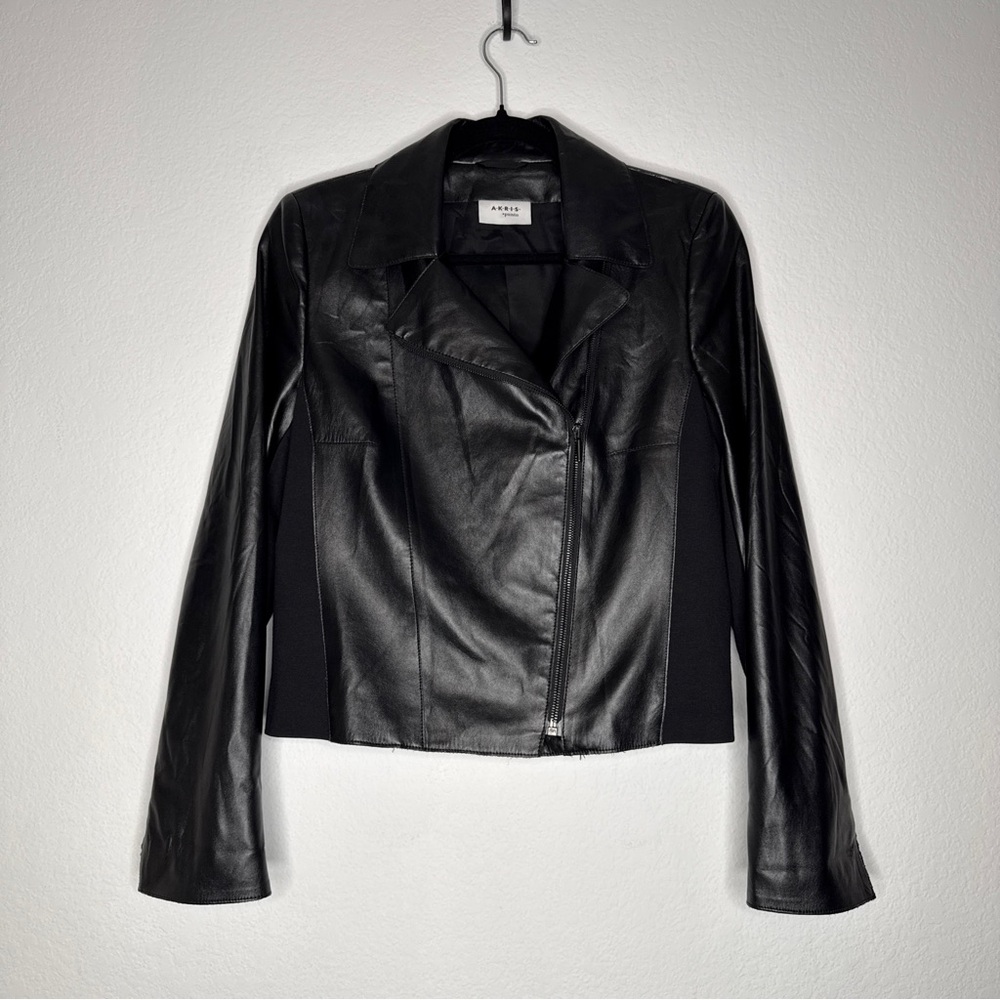 Akris Punto Jacket Faux Leather Moto Black Zip Collar Paneled Trim Size 8